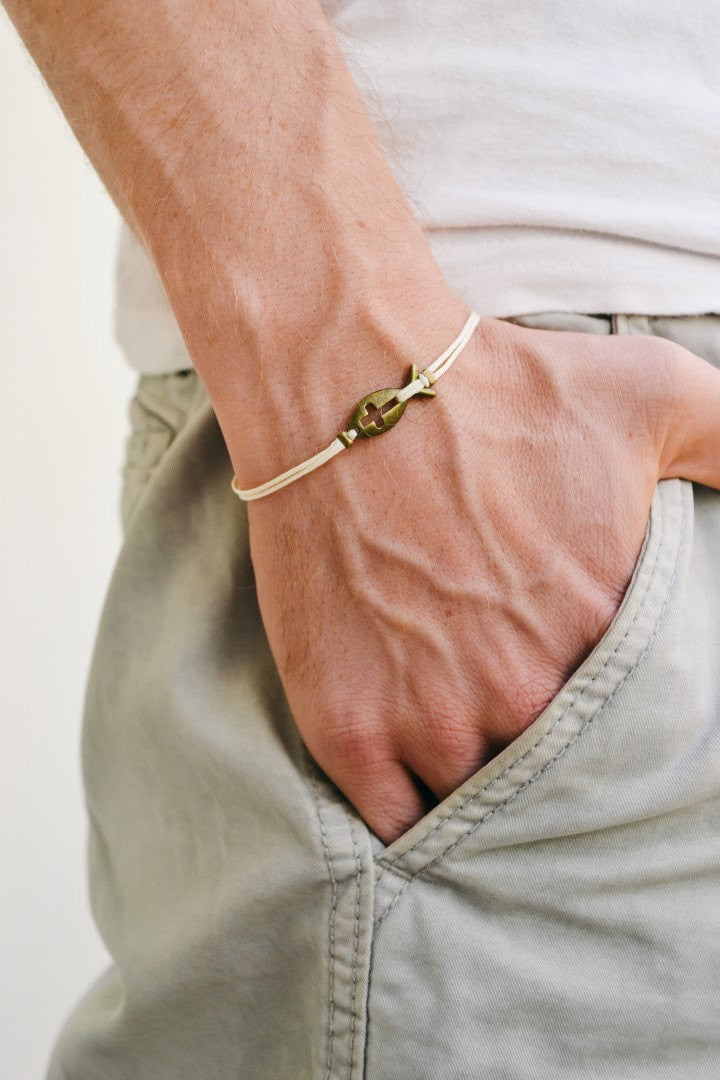 Bronze cross fish bracelet for men, beige cord, christian gift for him