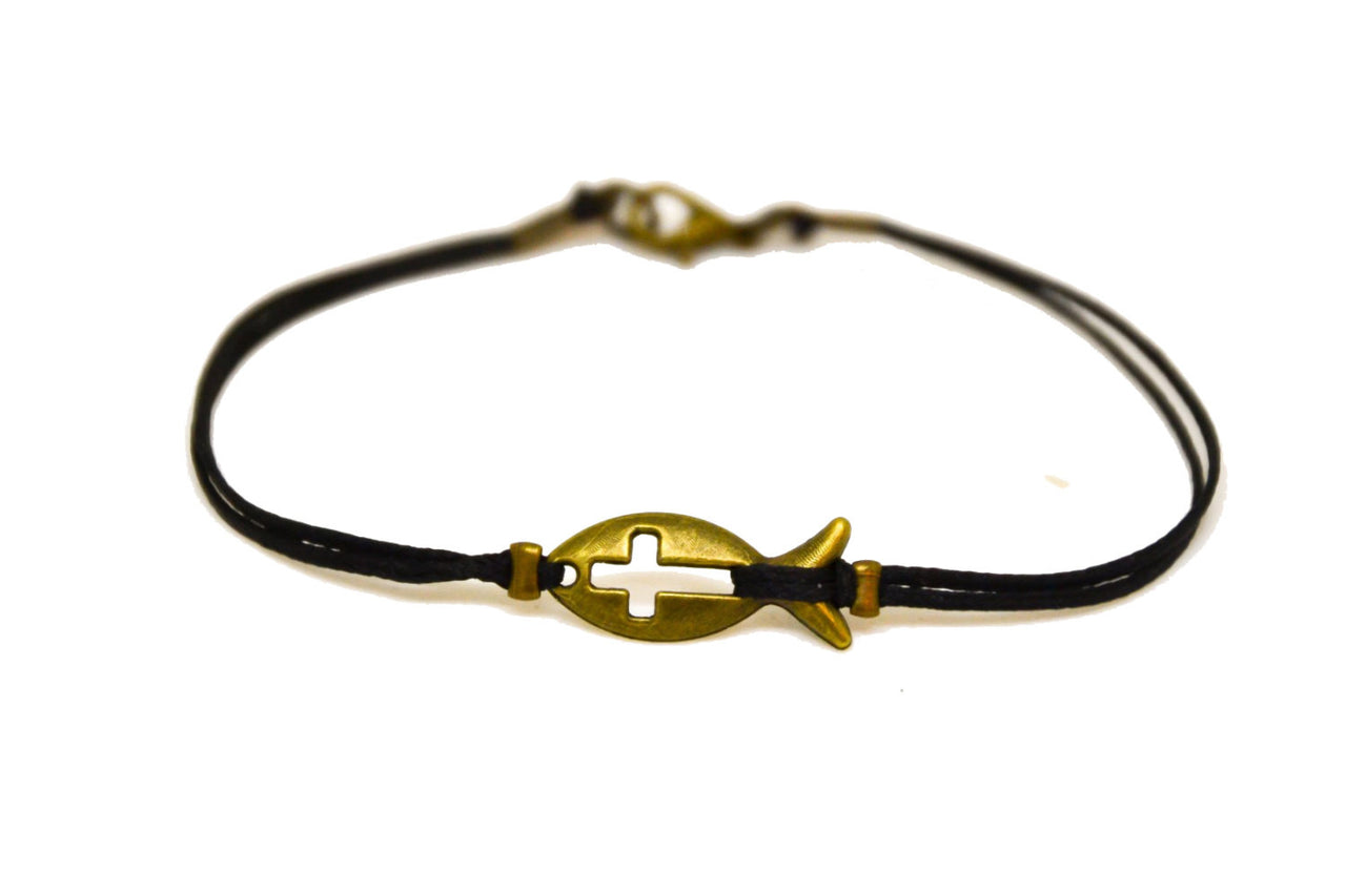 Bronze Cross fish bracelet for men, black cord - shani-adi-jewerly