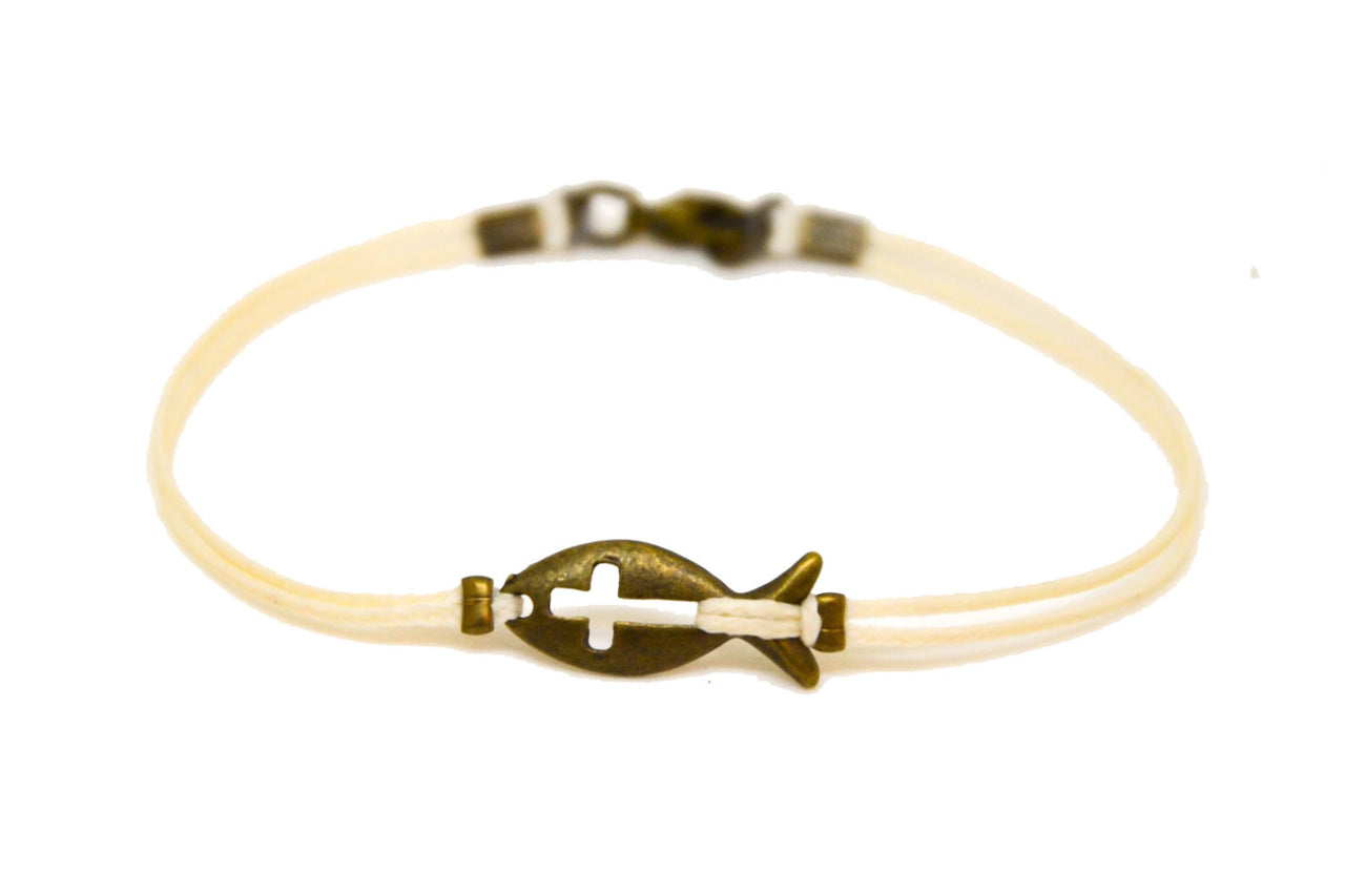 Bronze cross fish bracelet for men, beige cord - shani-adi-jewerly