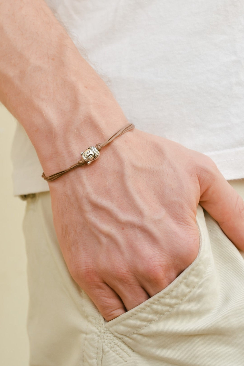 Men's bracelet with silver buddha charm, brown cord - shani-adi-jewerly