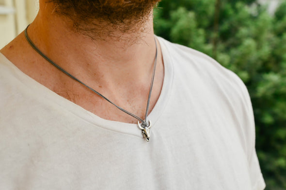 Bull's head necklace for men, gray cord, - shani-adi-jewerly