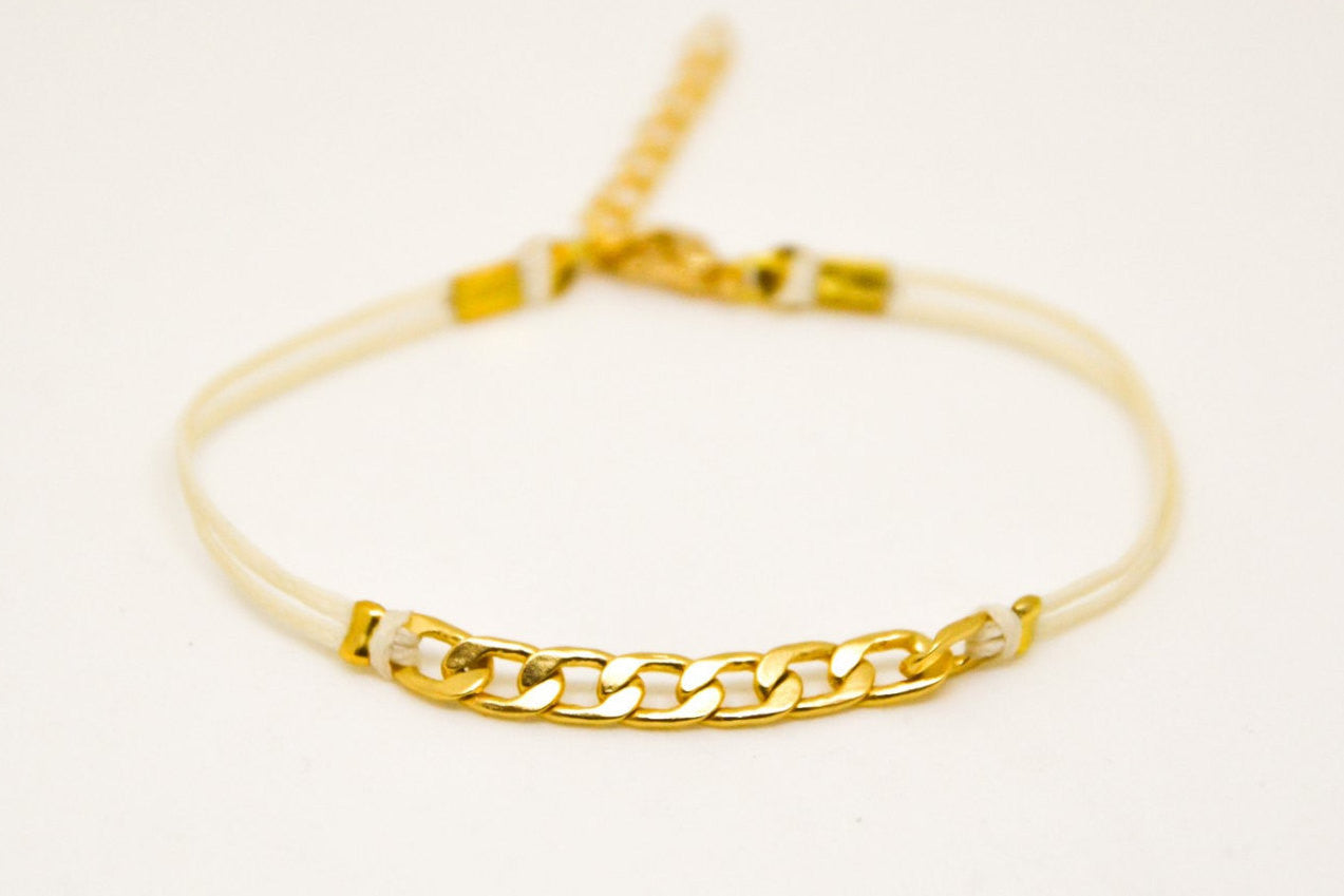 Beige cord bracelet with a gold plated flat chain charm - shani-adi-jewerly