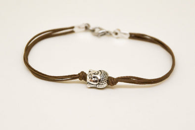 Men's bracelet with silver buddha charm, brown cord - shani-adi-jewerly