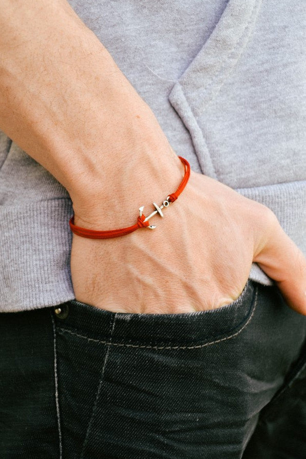 Silver anchor men's bracelet, red bracelet, beach skipper jewelry for men - shani-adi-jewerly