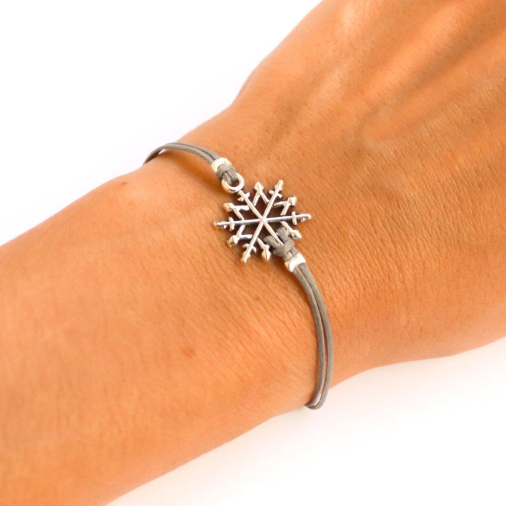 Women bracelet with silver snow flake charm, gray cord - shani-adi-jewerly