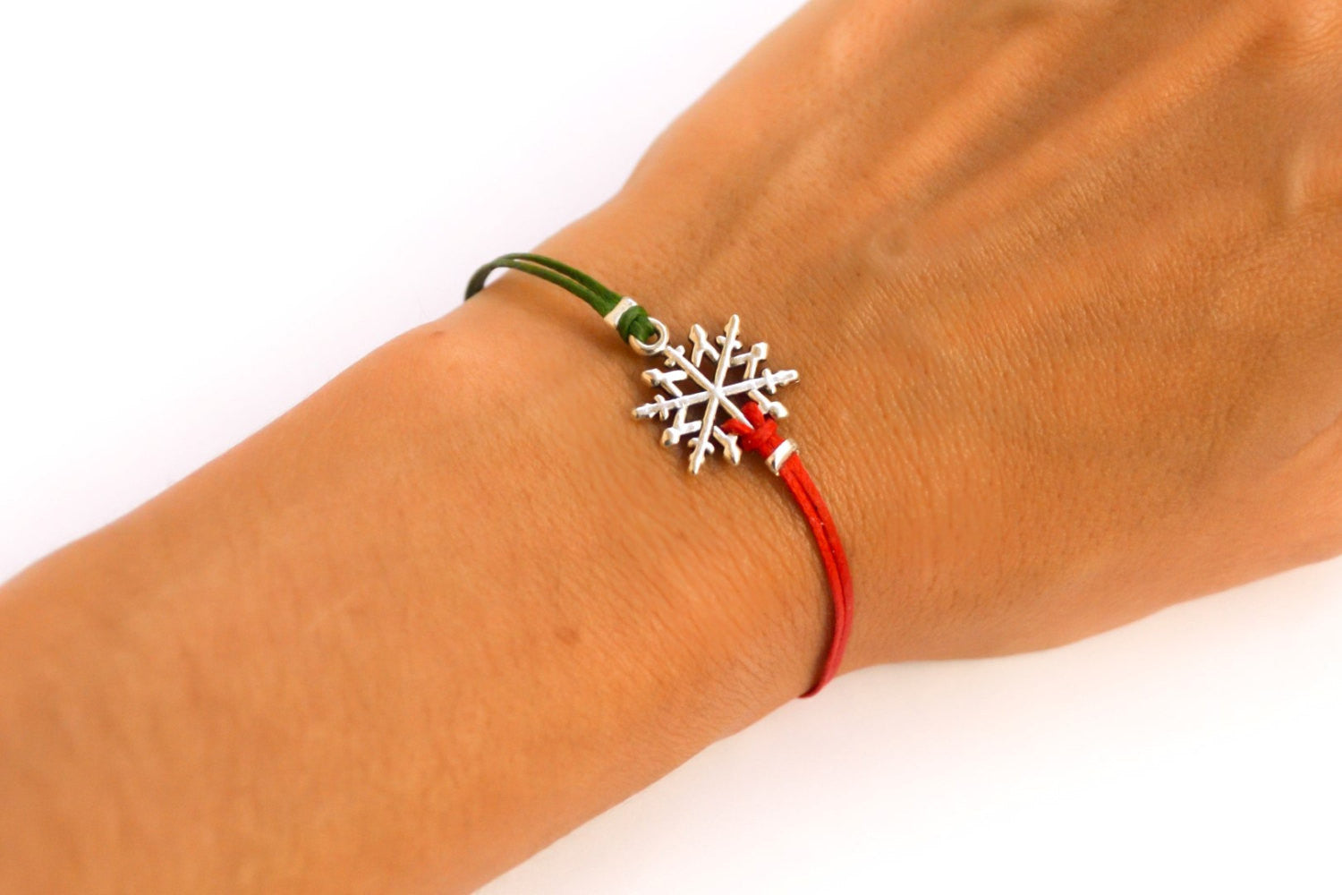 Women bracelet with silver snow flake charm, red cord - shani-adi-jewerly