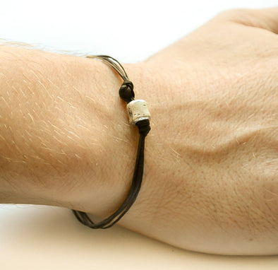 Silver tube charm bracelet for men, black cord - shani-adi-jewerly