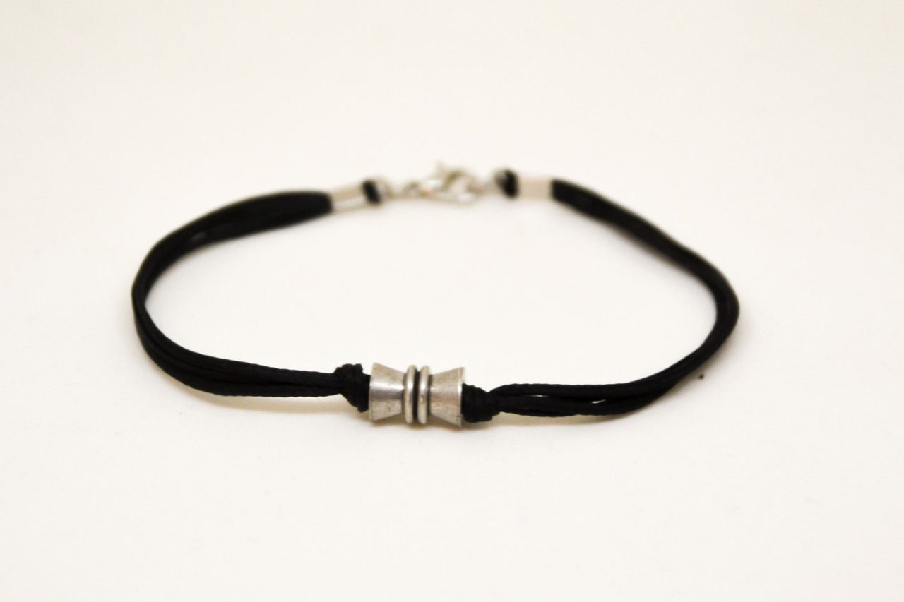 Black cord bracelets for men, silver tube charm for him - shani-adi-jewerly