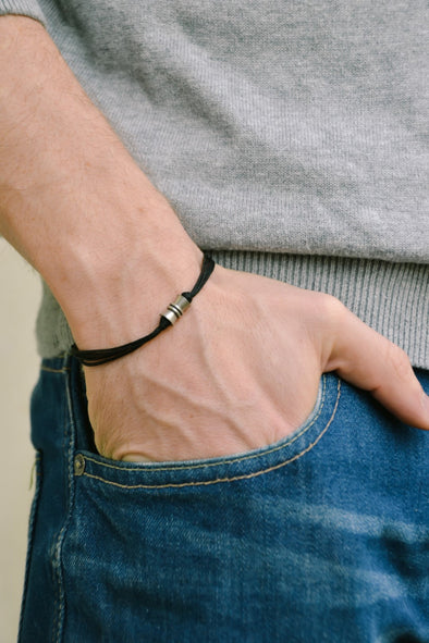 Black cord bracelets for men, silver tube charm for him - shani-adi-jewerly