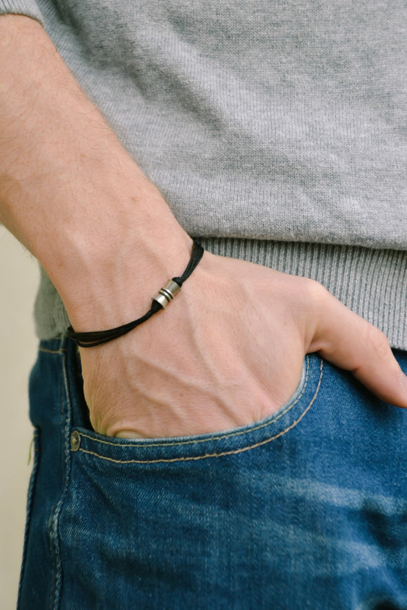 Black cord bracelets for men, silver tube charm for him - shani-adi-jewerly