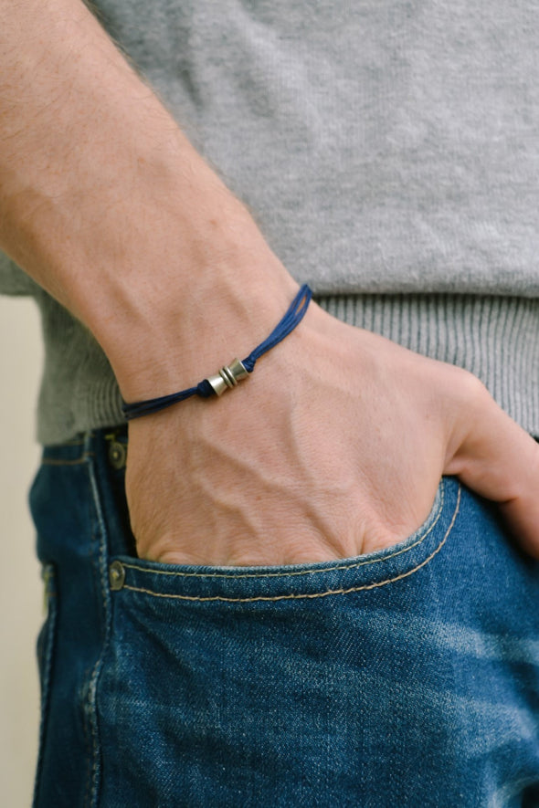 Men's bracelet with a silver tube charm and a blue cord - shani-adi-jewerly