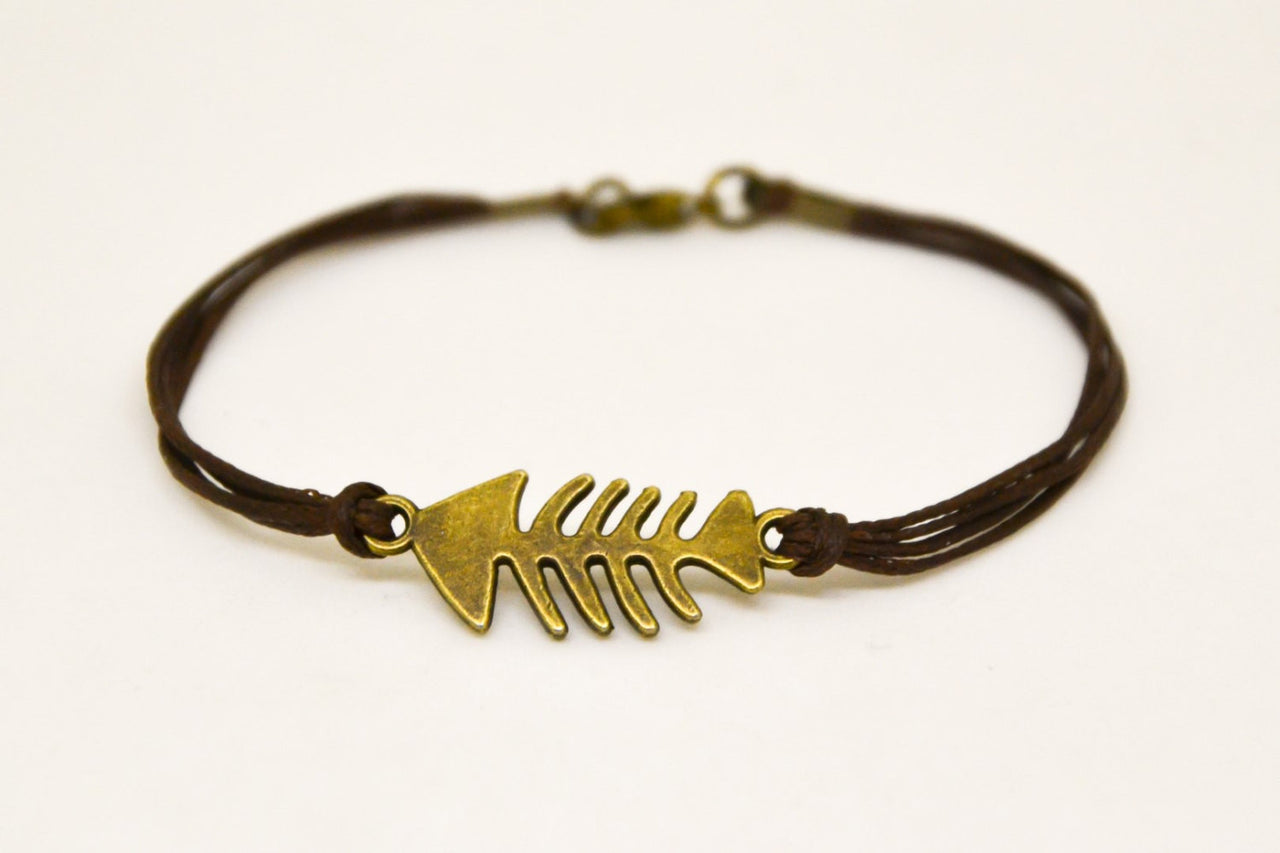Fish bones anklet for men, brown cord - shani-adi-jewerly
