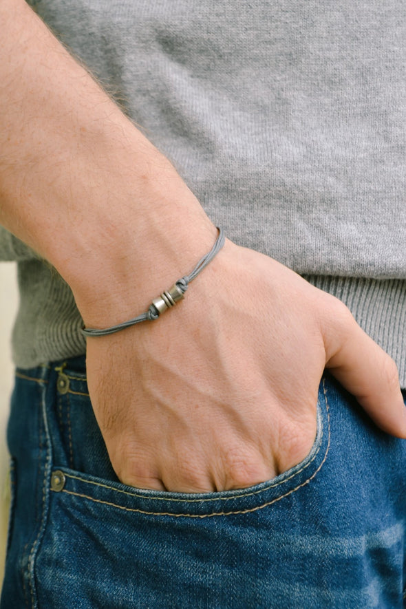 Silver tube bracelet for men, gray cord - shani-adi-jewerly