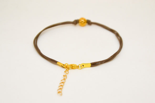 Gold ball bracelet, brown cord - shani-adi-jewerly