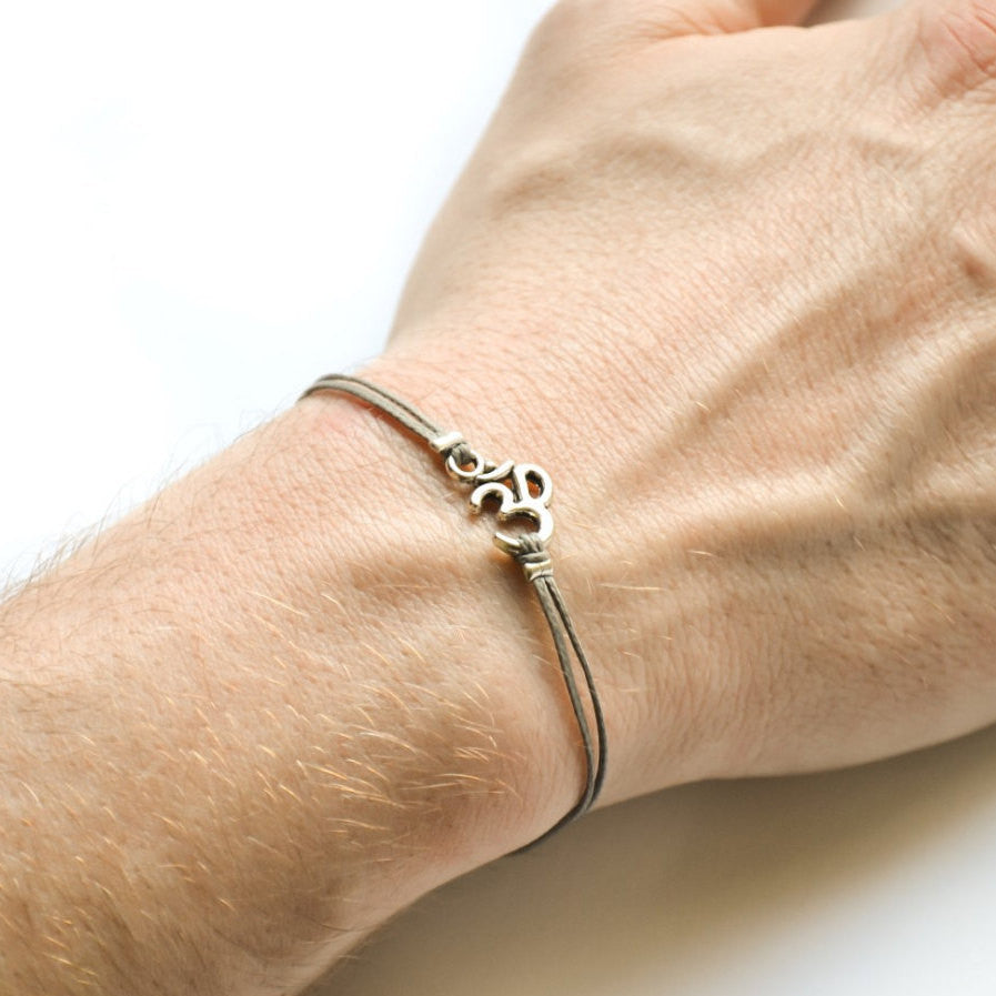 Silver OM bracelet for men, gray cord - shani-adi-jewerly