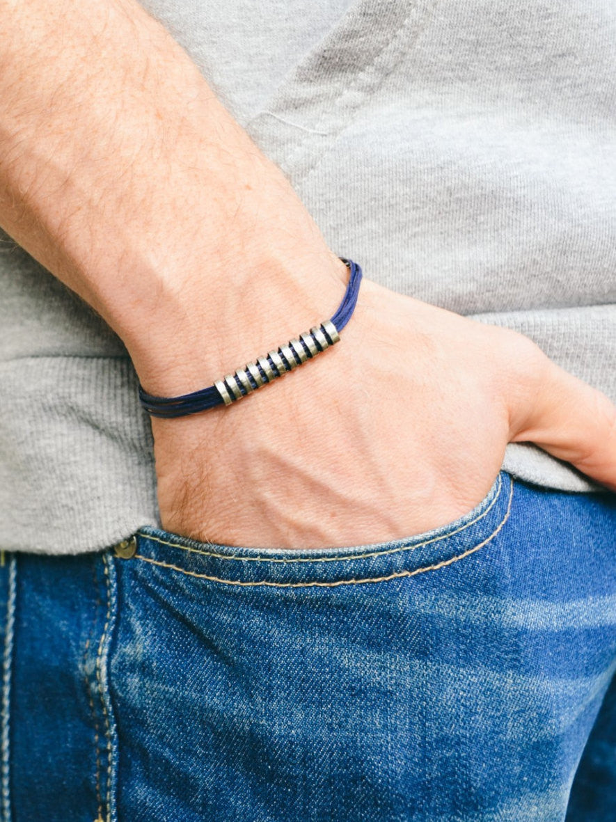 Long striped silver bar bracelet for men, blue cord - shani-adi-jewerly