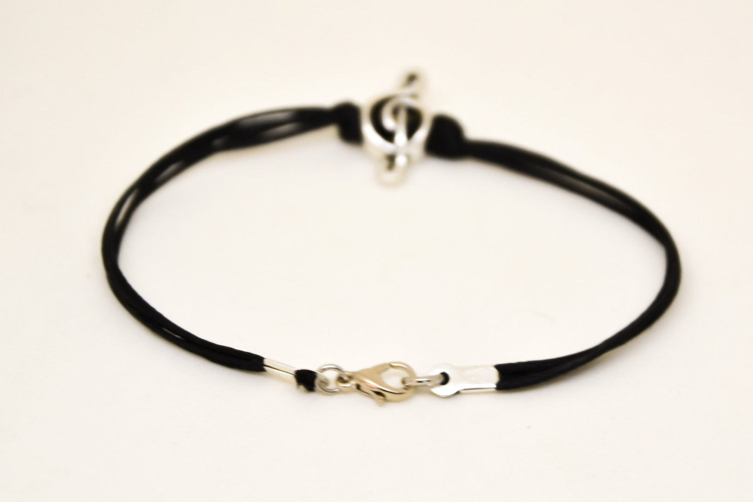 Silver Treble clef bracelet for men, black cords - shani-adi-jewerly