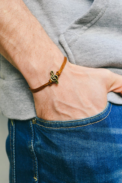 Bronze Treble clef bracelet for men, brown cords - shani-adi-jewerly