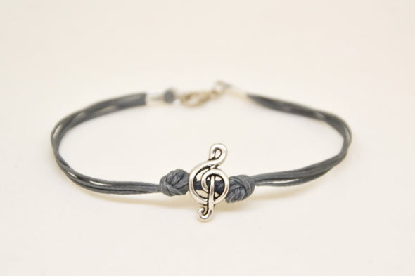 Silver Treble clef bracelet for men, gray cords - shani-adi-jewerly