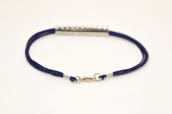 Long striped silver bar bracelet for men, blue cord - shani-adi-jewerly