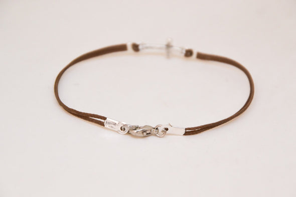 Men's bracelet with a silver cross pendant, brown cord - shani-adi-jewerly