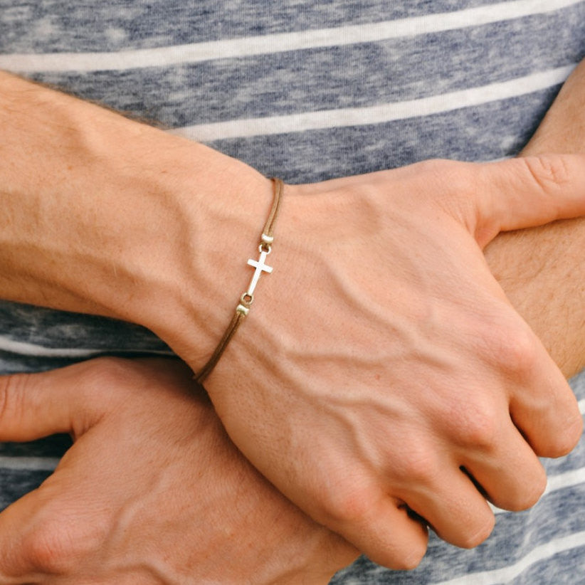 Men's bracelet with a silver cross pendant, brown cord - shani-adi-jewerly