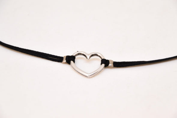 Silver plated heart necklace, black cord - shani-adi-jewerly
