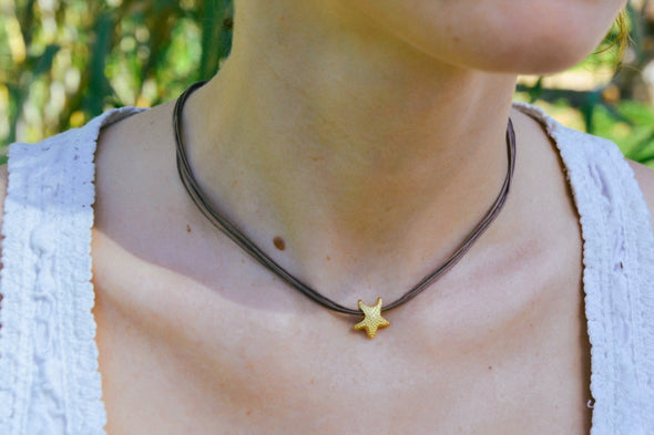 Gold starfish necklace, brown cord - shani-adi-jewerly