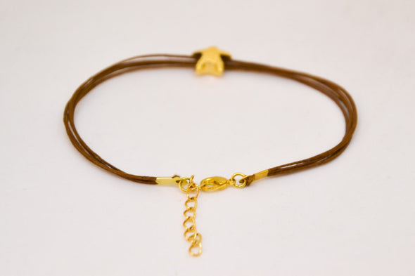 Ankle bracelet with gold plated starfish charm, brown string - shani-adi-jewerly