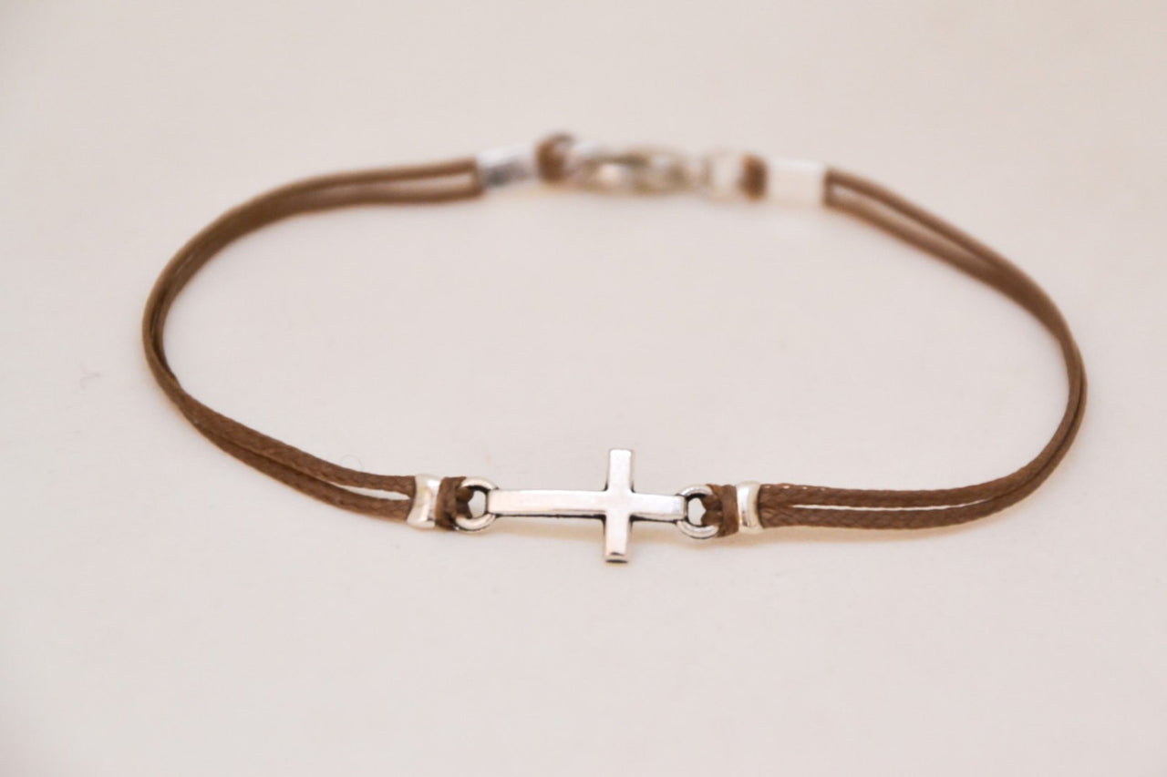 Men's bracelet with a silver cross pendant, brown cord - shani-adi-jewerly