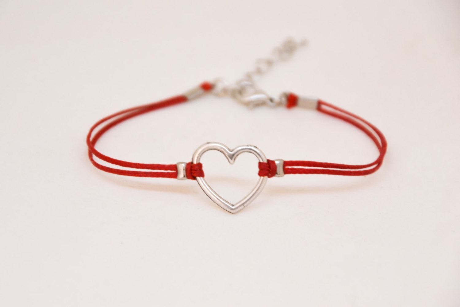 Heart bracelet, red bracelet with silver heart charm, love