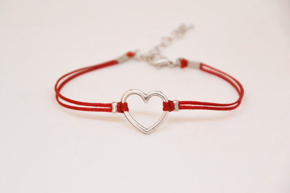 Red bracelet with silver heart charm - shani-adi-jewerly