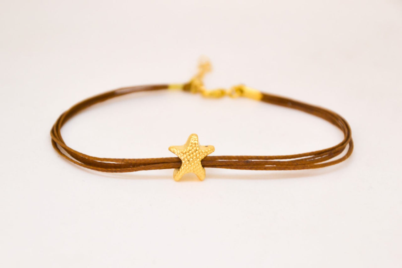 Ankle bracelet with gold plated starfish charm, brown string - shani-adi-jewerly