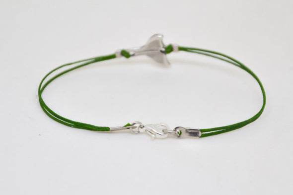 Silver whale tail bracelet, green cord - shani-adi-jewerly
