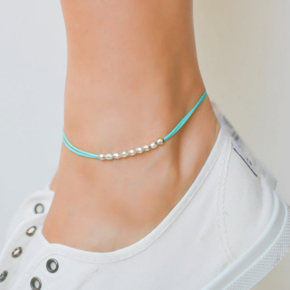 Silver nuggets anklet, turquoise cord - shani-adi-jewerly