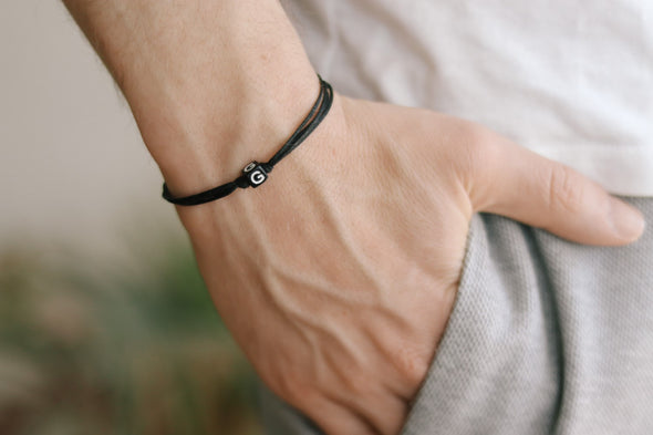 Initial bracelet, customise men's bracelet, black charm bead, English letter, Personalised