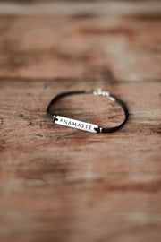 Silver Namaste charm bracelet for men, black cord, gift for him - shani-adi-jewerly