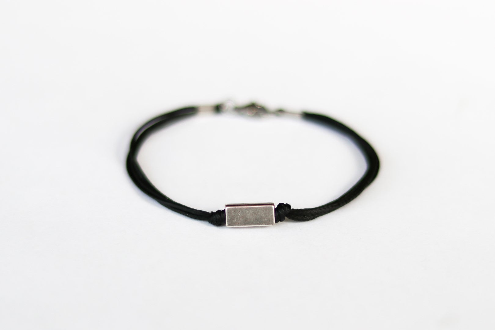 Silver bead bracelet for men, black cord, geometric jewelry - shani-adi-jewerly
