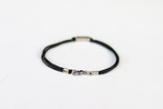 Silver bead bracelet for men, black cord, geometric jewelry - shani-adi-jewerly
