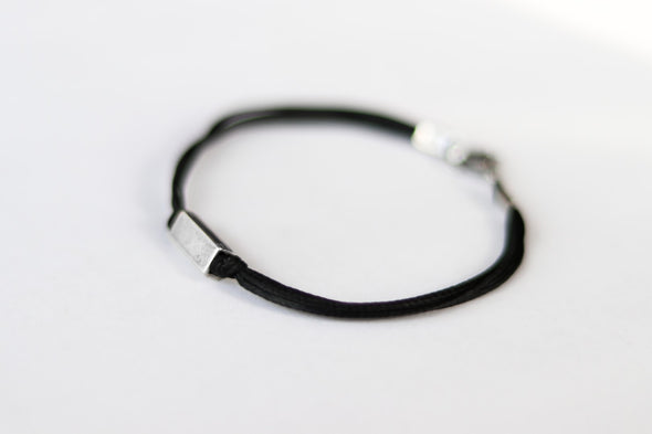 Silver bead bracelet for men, black cord, geometric jewelry - shani-adi-jewerly