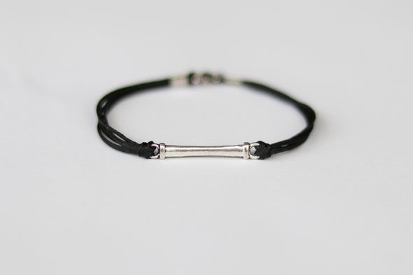 Black cord bracelet for men with long silver bar - shani-adi-jewerly
