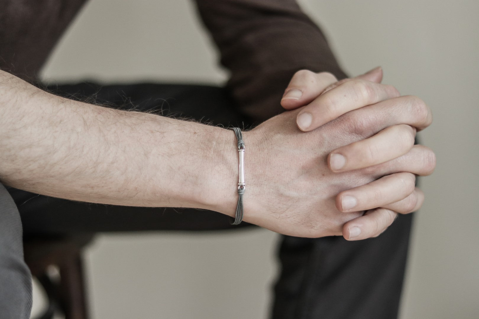 Gray cord bracelet for men with long silver bar - shani-adi-jewerly