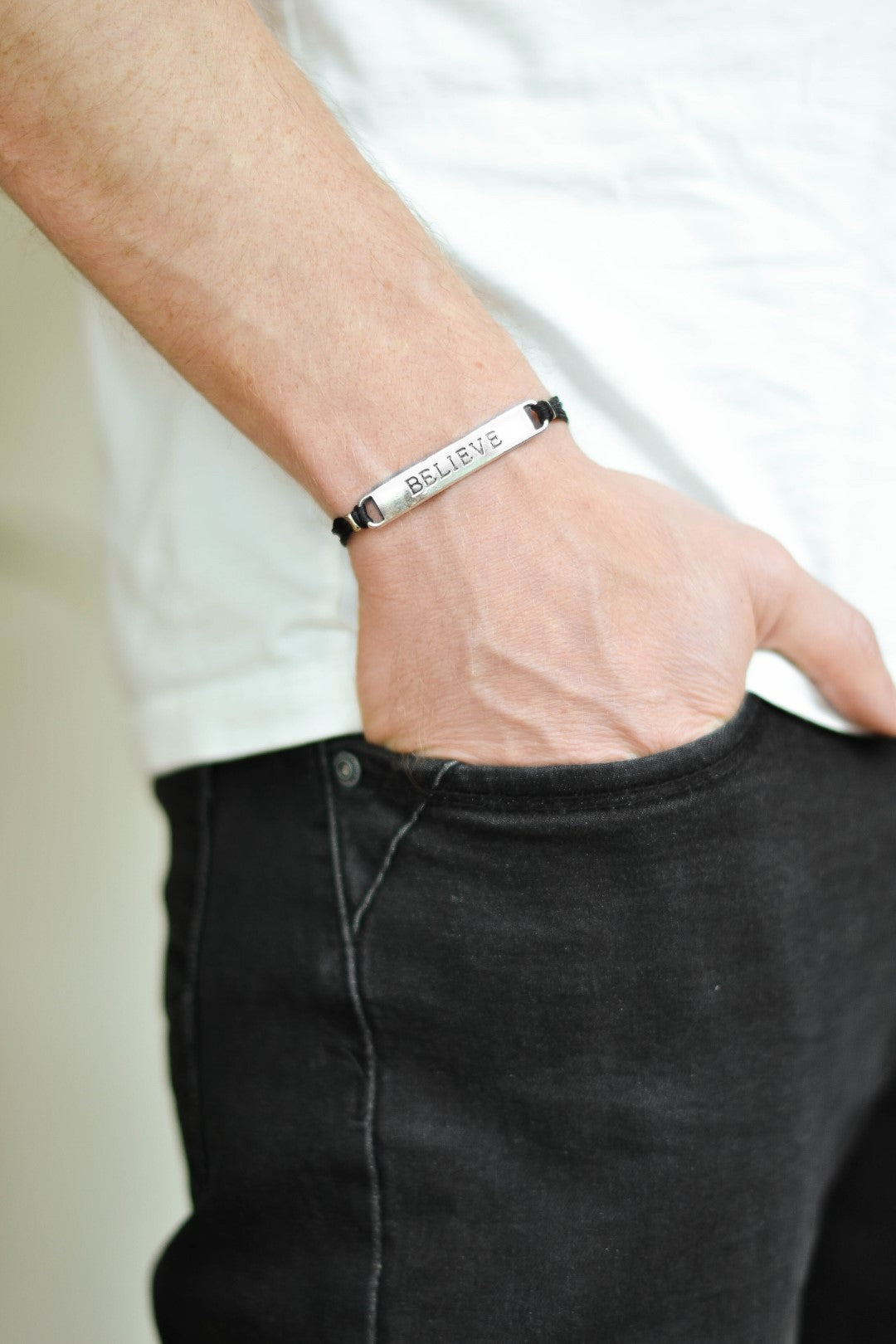 Silver believe charm bracelet for men, black cord, Christmas gift for him - shani-adi-jewerly