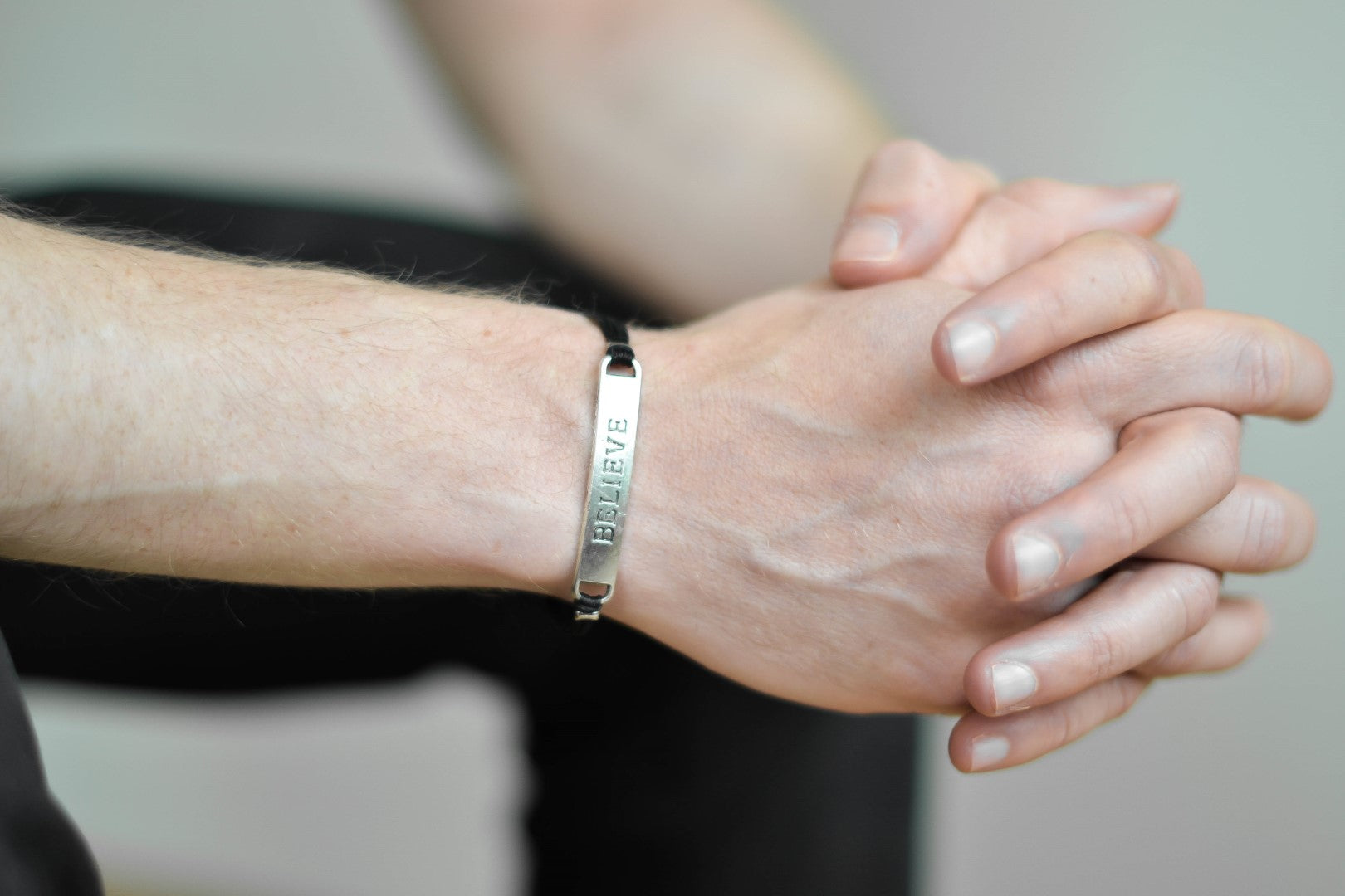 Silver believe charm bracelet for men, black cord, Christmas gift for him - shani-adi-jewerly