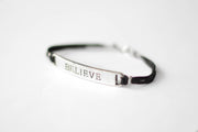 Silver believe charm bracelet for men, black cord, Christmas gift for him - shani-adi-jewerly