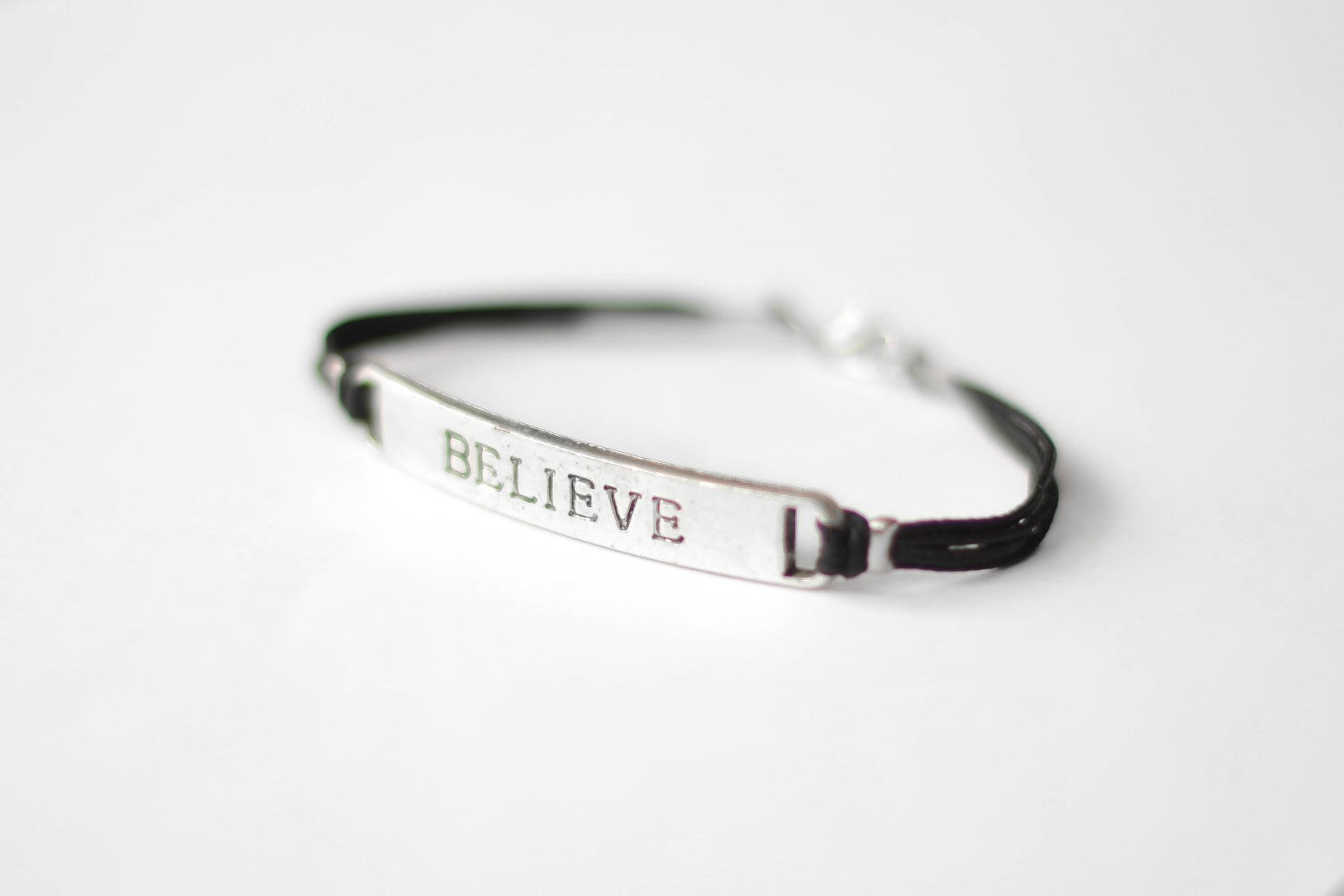 Silver believe charm bracelet for men, black cord, Christmas gift for him - shani-adi-jewerly