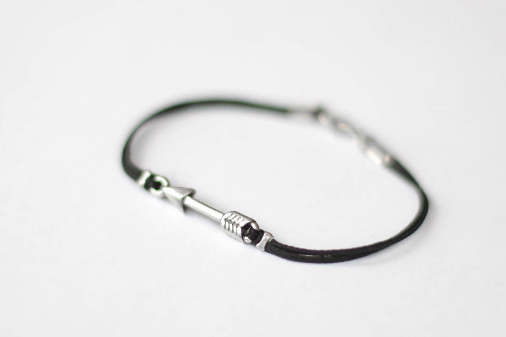 Silver arrow charm bracelet for men, black cords, custom size and colo
