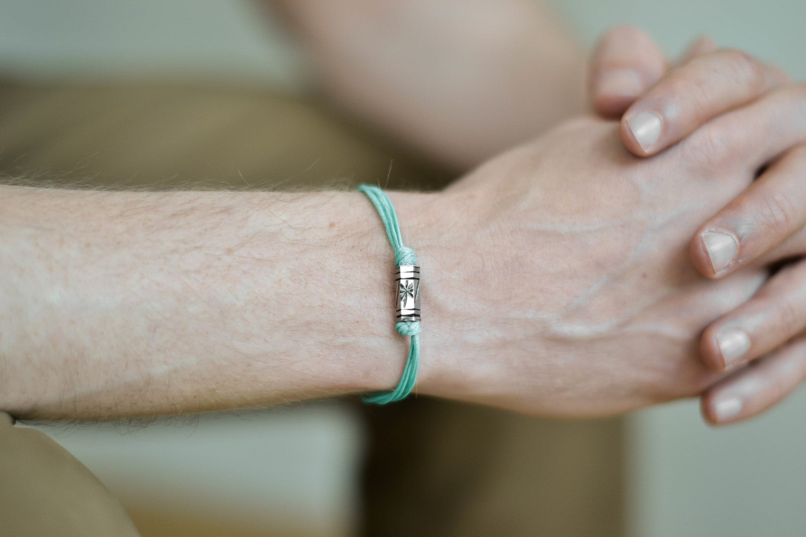 Turquoise cord bracelet for men, silver tube charm for him - shani-adi-jewerly