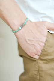 Turquoise cord bracelet for men, silver tube charm for him - shani-adi-jewerly
