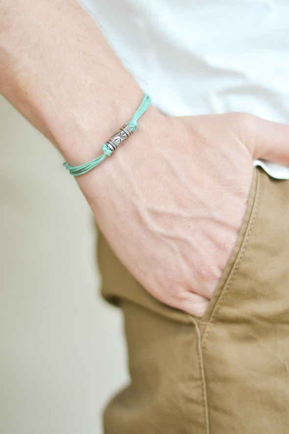Turquoise cord bracelet for men, silver tube charm for him - shani-adi-jewerly